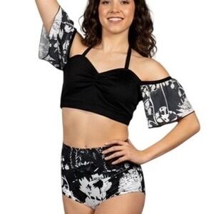 Alexandra Just For Kix Dance Costume Black White Floral Crop Top Briefs adult XS